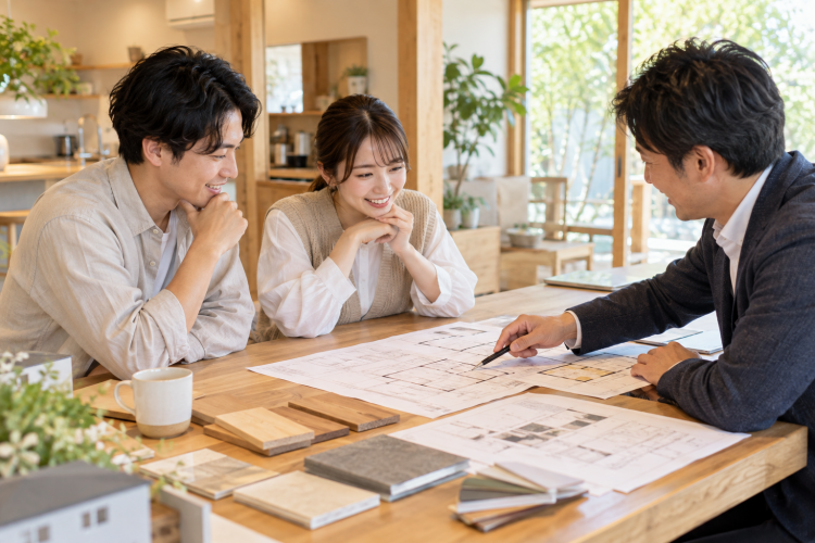 刈谷市・安城市で家づくりを検討中のご夫婦が、入居時期と予算の枠を書き出しながら相談しているダイアサの打ち合わせ風景