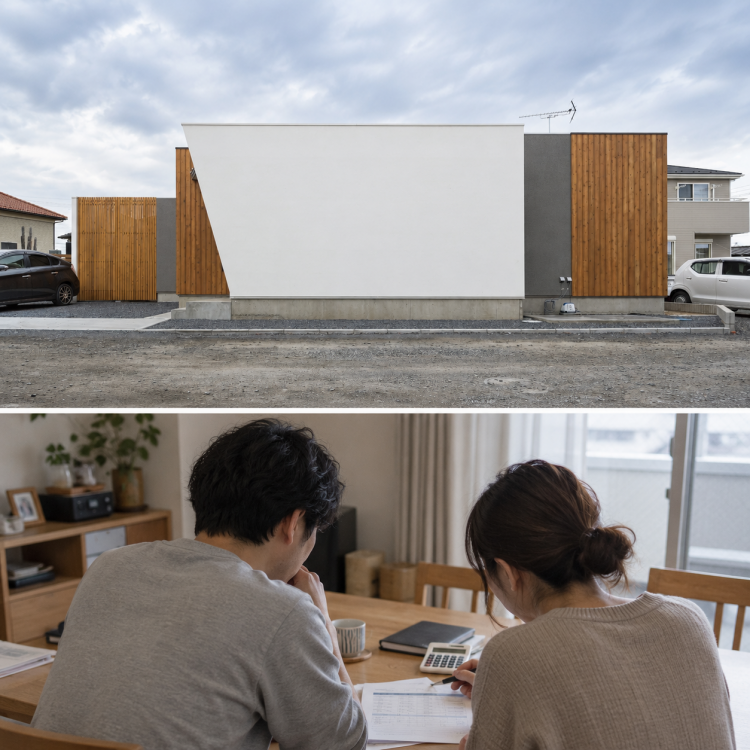 愛知県高浜市のダイアサが建てた注文住宅の外観と、住宅ローンの返済期間を検討する30代の共働き夫婦