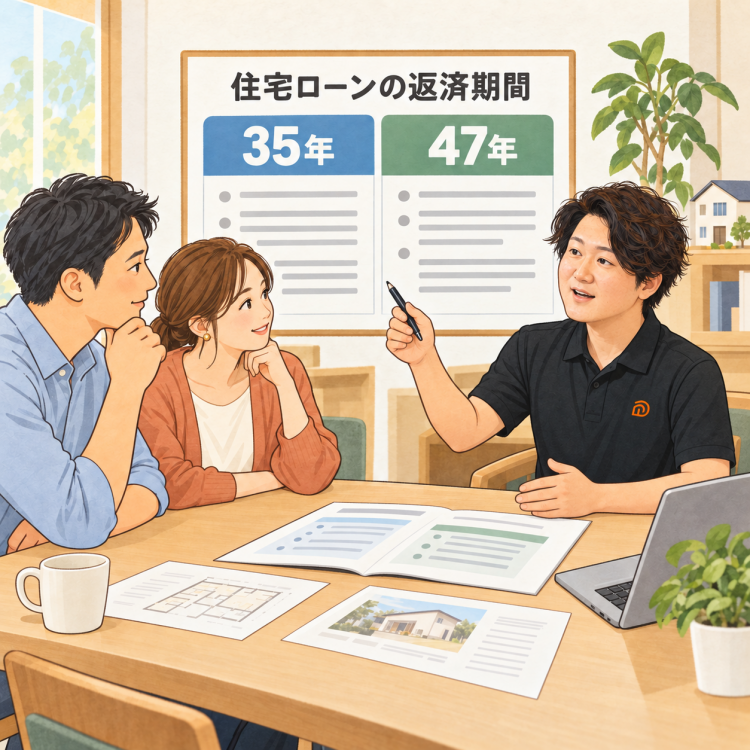 碧南市・刈谷市から来店されたご夫婦に、高浜市のダイアサが35年と47年の住宅ローン返済額の違いを実額で説明している様子